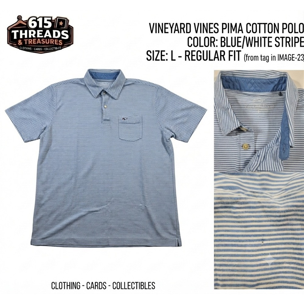 Vineyard Vines Mens Polo Shirt Large L Blue White Striped Pima Cotton Pocket